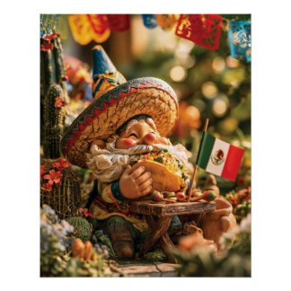 Mexicaanse kabouter met een sombrero die een taco perfect poster