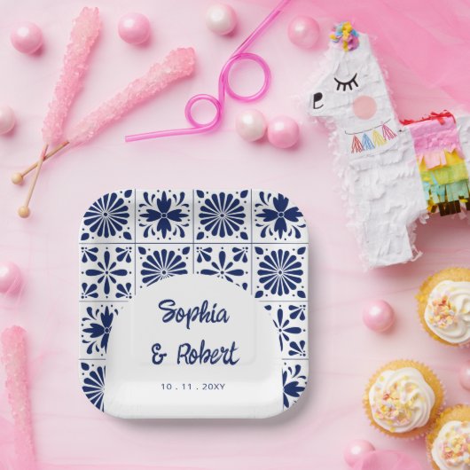 Mexicaanse Navy Blue Talavera Tegels bruiloft Papieren Bordje (Feest)