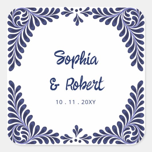 Mexicaanse Navy Blue Talavera Tegels bruiloft Vierkante Sticker (Voorkant)