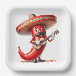 Mexicaanse rode chili peper met gitaar papieren bordje
