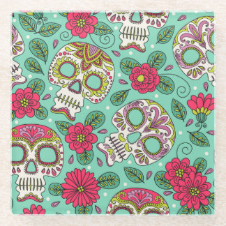 Mexicaanse schedel en bloemen, naadloos. glazen onderzetter