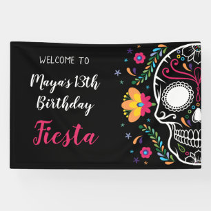 Mexicaanse schedel Floral Fiesta Verjaardag Spandoek