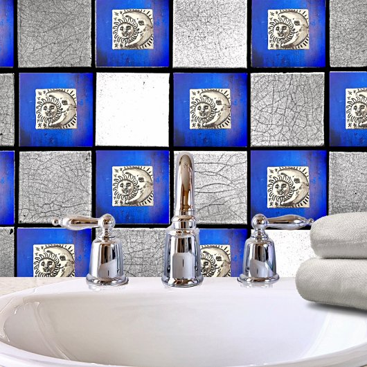 Mexicaanse Silver Moon & Sun op blauwe keramiek Tegeltje