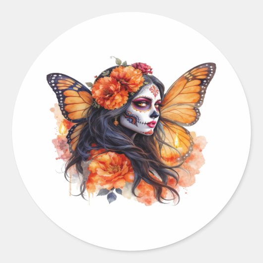 Mexicaanse suikerschedel La Calavera Catrina Stick Ronde Sticker (Voorkant)