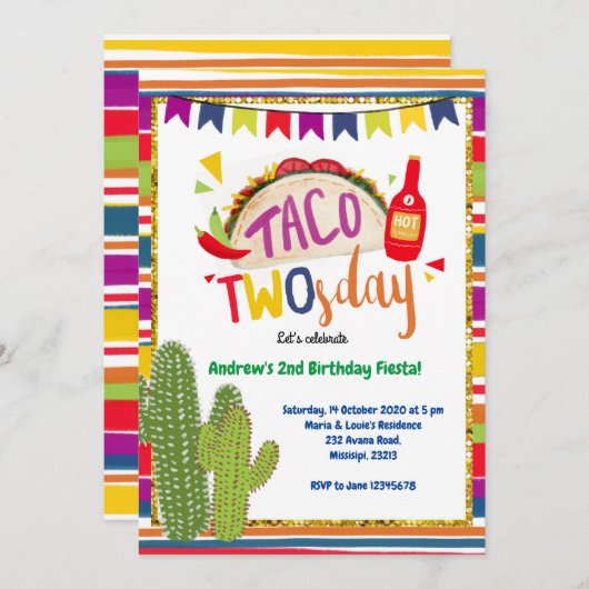 Mexicaanse Taco Twosday Birthday Uitnodiging (Voorkant / Achterkant)