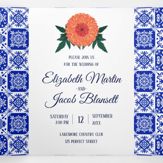 Mexicaanse Tile Marigolds Wedding Tri-Fold Uitnodi Drieluik Uitnodiging (Binnenkant midden)