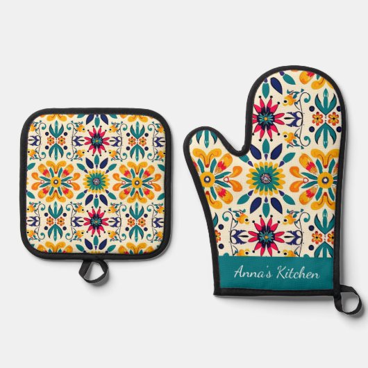 Mexicaanse Titel Patroon Oven Mitt en Pothouders Ovenwant & Pannenlap Set (Voorkant)
