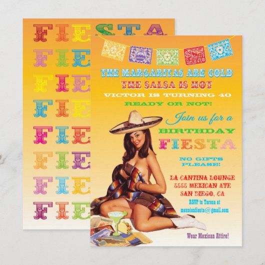 Mexicaanse uitnodiging voor Fiesta Birthday Party (Voorkant / Achterkant)
