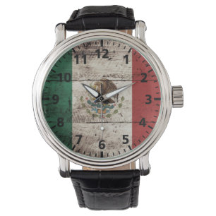 Mexicaanse vlag op oude houten korrel horloge