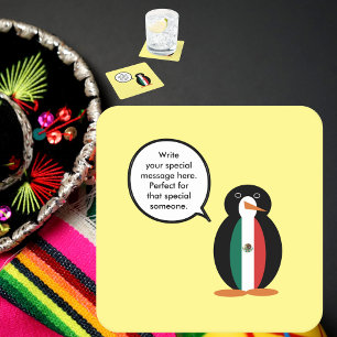Mexicaanse Vlag Pratende Mevrouw Pinguïn Ronde Pap Vierkante Kartonnen Onderzetter