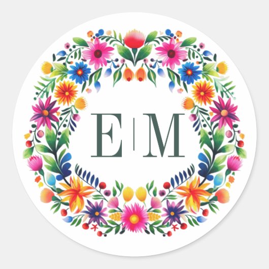 Mexicaanse volkskunst bloemendekor met monogram ronde sticker (Voorkant)