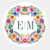 Mexicaanse volkskunst bloemendessin met monogram ronde sticker (Voorkant)