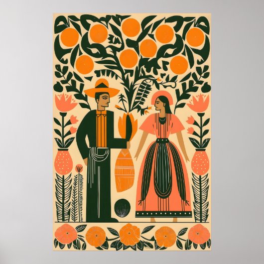 Mexicaanse volkskunstprint koppel onder oranjeboom poster (Voorkant)