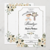 Mexicaanse White Silver Charro Boy Bautizo Invitac Kaart (Voorkant / Achterkant)