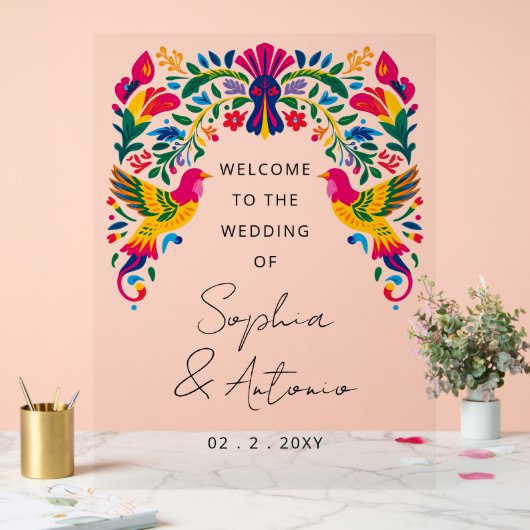 Mexican Birds Otomi Floral Fiesta Welcome Sign Acryl Bord (Huwelijk)