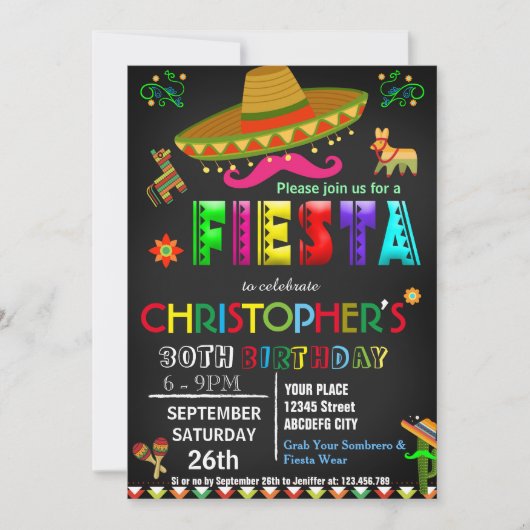 MEXICAN FIESTA BIRTHDAY INVITATIE KAART (Voorkant)