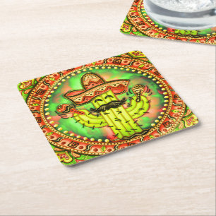 Mexican Fiesta Cinco de Mayo Sombrero Pet Green Vierkante Kartonnen Onderzetter