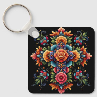Mexican Floral Cross Design Sleutelhanger