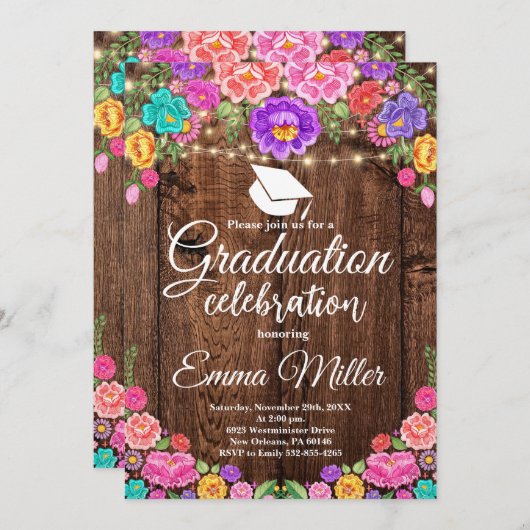 Mexican Floral String Lights Afstuderen Kaart (Voorkant / Achterkant)