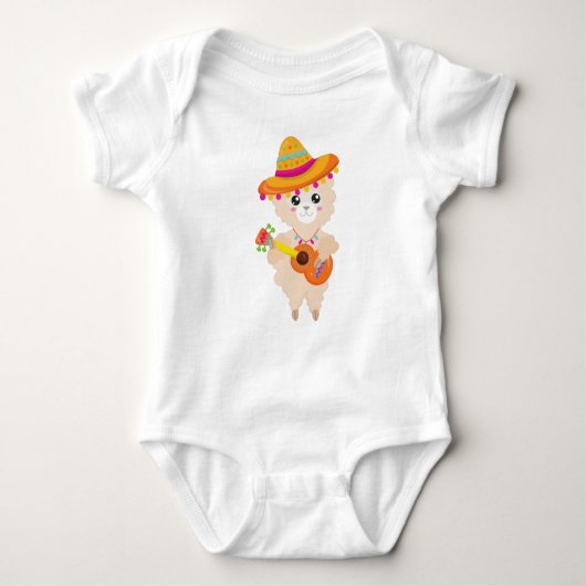 Mexican Llama, Cute Llama, Sombrero, Guitar Romper (Voorkant)