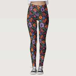 Mexican Otomi Folk Floral Colorful Leggings