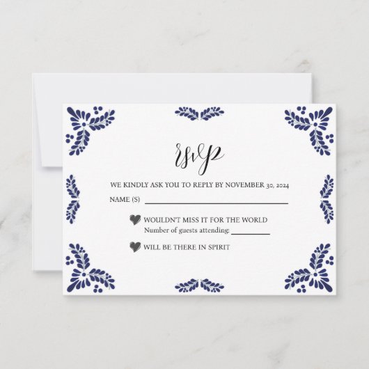 Mexican Talavera Black Floral Minimalist Wedding RSVP Kaartje (Voorkant)