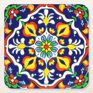 Mexican Talavera Terracotta Tegel Design No. 3 Vierkante Kartonnen Onderzetter