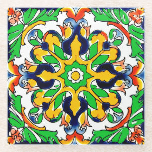 Mexican Talavera Terracotta Tegel Design No. 4 Glazen Onderzetter