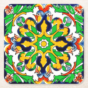 Mexican Talavera Terracotta Tegel Design No. 4 Vierkante Kartonnen Onderzetter