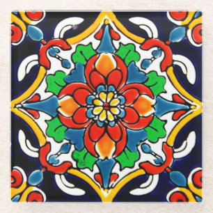 Mexican Talavera Terracotta Tegel Design No. 5 Glazen Onderzetter