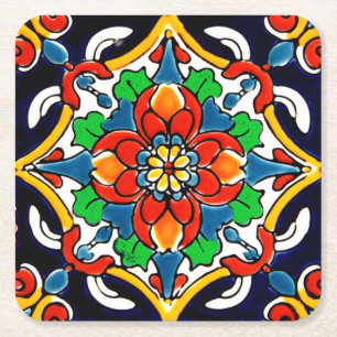Mexican Talavera Terracotta Tegel Design No. 5 Vierkante Kartonnen Onderzetter