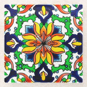 Mexican Talavera Terracotta Tegel Design No. 6 Glazen Onderzetter