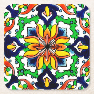 Mexican Talavera Terracotta Tegel Design No. 6 Vierkante Kartonnen Onderzetter