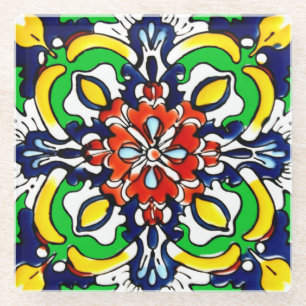 Mexican Talavera Terracotta Tegel Design No. 7 Glazen Onderzetter