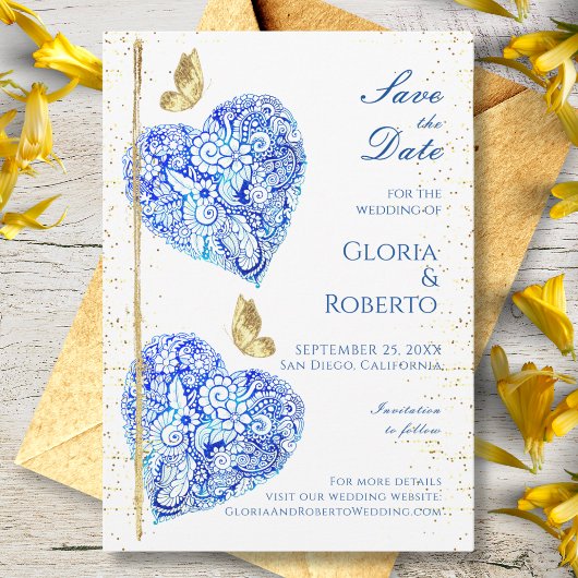 Mexican Wedding Blue Hearts Save the Date Kaart