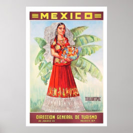 Mexico, Mexicaanse vrouw met tropische fruitmand Poster