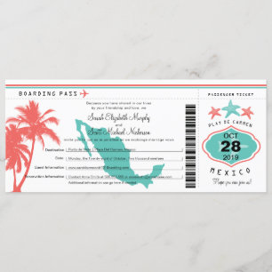 Mexico Palm Tree Starfish Boarding Pass Wedding Kaart