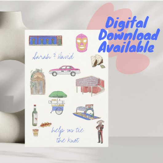 Mexico-Stad save the date met tekeningen Kaart