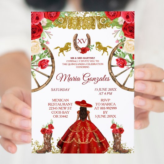 Mexique Rose rouge Charra Mis XV Anos Invitation