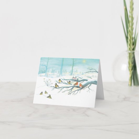 Mezen sijzen, Roodborstjes & Besneeuwd winterbos Feestdagen Kaart (Voorkant)
