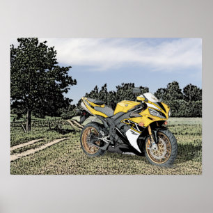 Mezzotint Countryside and Yellow Motorcycle Poster