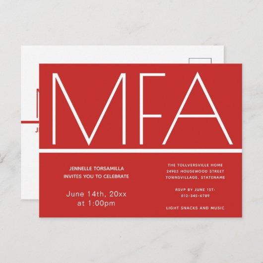 MFA grade Red Graduation Party Invitation (Devant / Derrière)