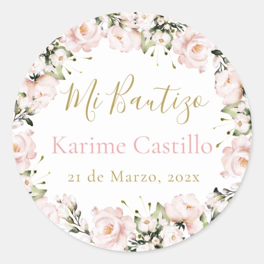 Mi Bautizo roze bloemig Ronde Sticker (Voorkant)