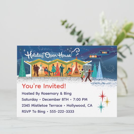 Mi-Siècle Moderne Vacances Open House Invitation (Debout devant)