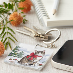 Mia de Festive Kat met Kerstversiering Sleutelhanger