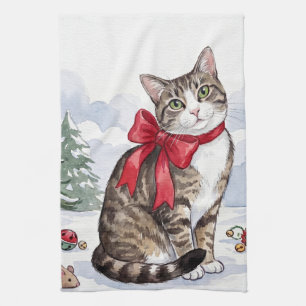 Mia de Festive Kat met Kerstversiering Theedoek