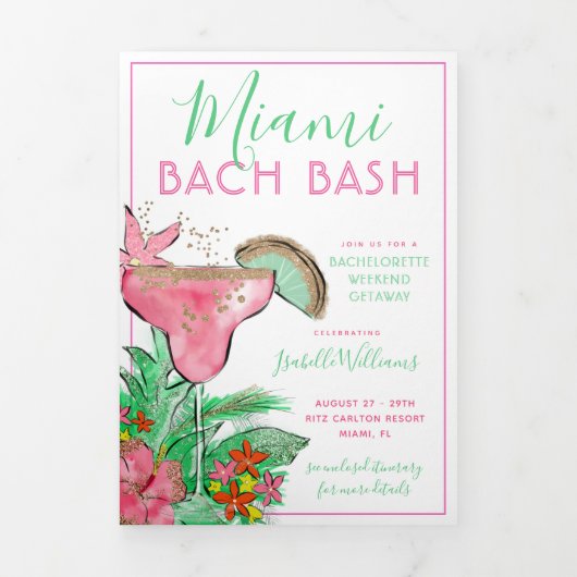 Miami Beach Bachelorette reisschema Drieluik Uitnodiging (Cover)
