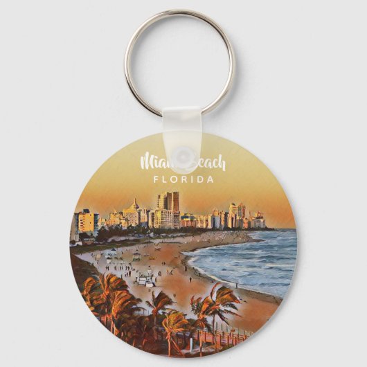 Miami Beach Florida  Waterverf Art Sleutelhanger (Voorkant)