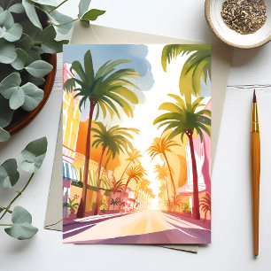Miami Beach Helder Kleurrijk Waterverfschilderij Briefkaart