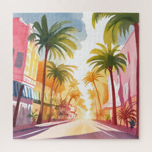 Miami Beach   Helder Kleurrijk Waterverfschilderij Legpuzzel
